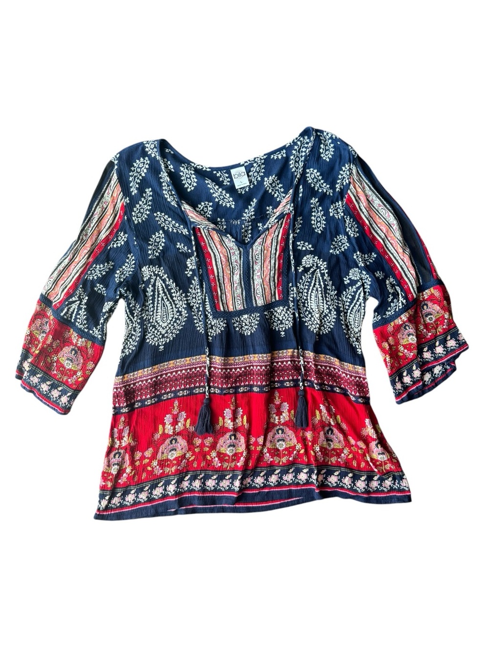 Bila Navy and Red Boho Peasant Tunic with Tassel Ties Size L